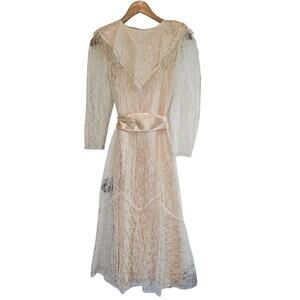 Vintage Erika's Place Dress Womens Med Peach White Lace 70s Sheer Fairy Coquette